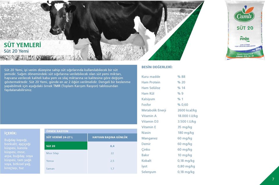 Süt 20 Yemi, günde en az 2 öğün verilmelidir. Dengeli bir beslenme yapabilmek için aşağıdaki örnek TMR (Toplam Karışım Rasyon) tablosundan faydalanabilirsiniz.