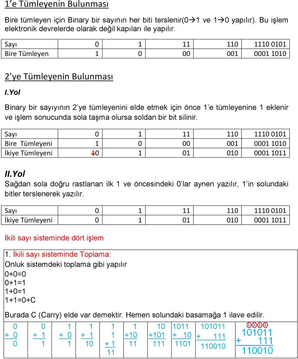 Yol Binary bir sayıyının 2 ye tümleyenini elde etmek için önce e tümleyenine eklenir ve işlem sonucunda sola taşma olursa soldan bir bit silinir.