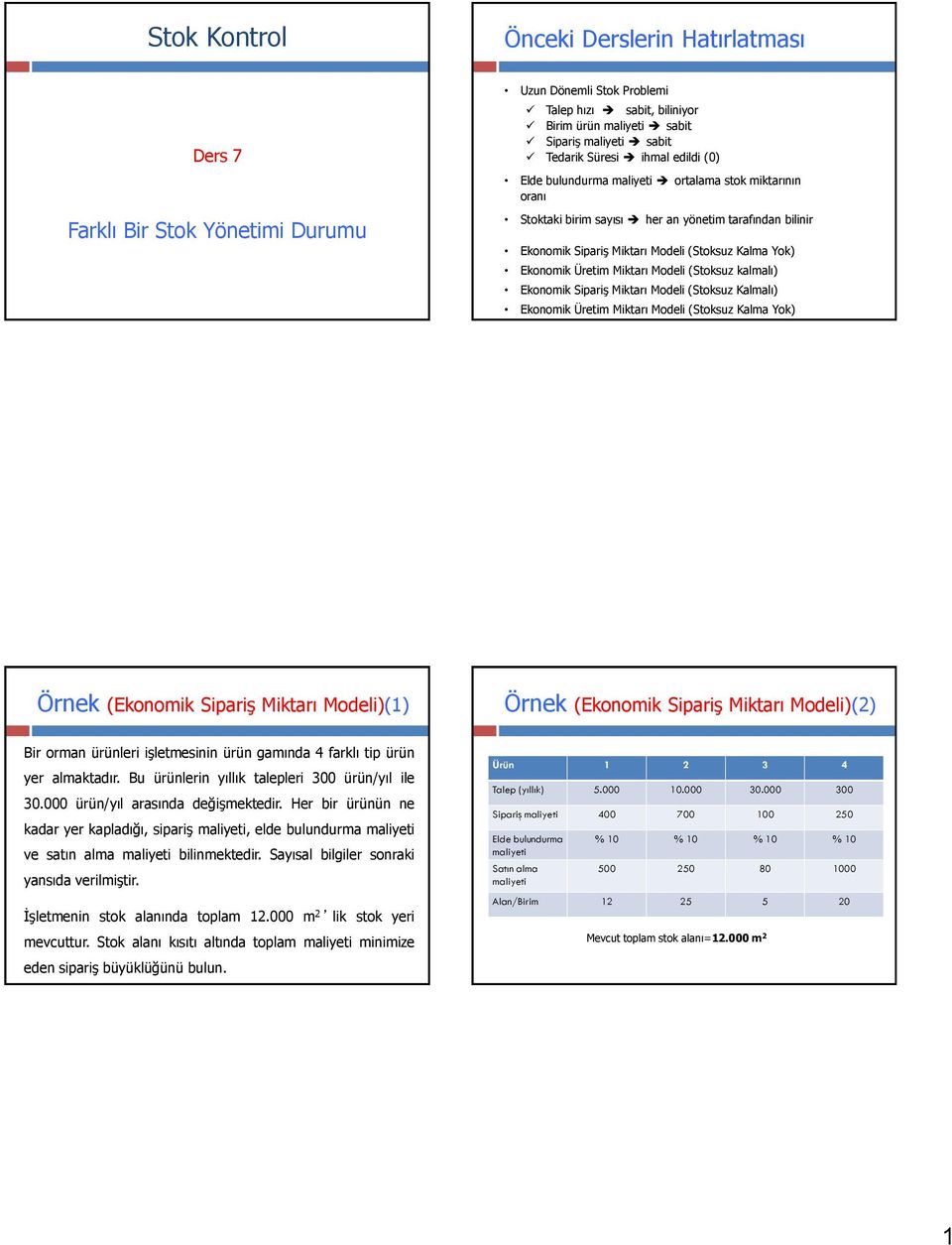Üretim Miktarı Modeli (Stoksuz kalmalı) Ekonomik Sipariş Miktarı Modeli (Stoksuz Kalmalı) Ekonomik Üretim Miktarı Modeli (Stoksuz Kalma Yok) Örnek (Ekonomik Sipariş Miktarı Modeli)(1) Örnek (Ekonomik