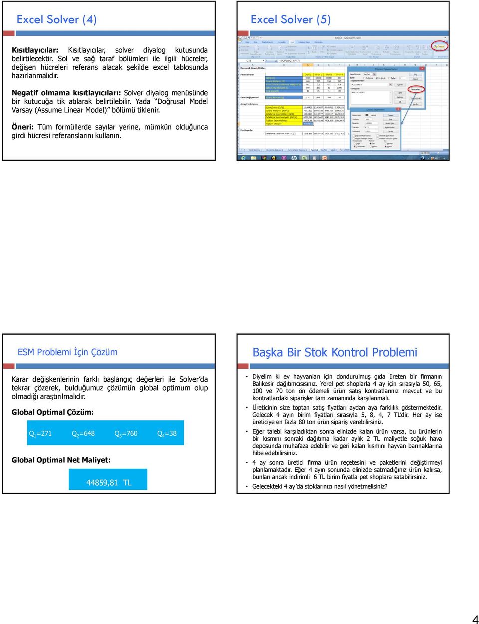 Negatif olmama kısıtlayıcıları: Solver diyalog menüsünde bir kutucuğa tik atılarak belirtilebilir. Yada Doğrusal Model Varsay (Assume Linear Model) bölümü tiklenir.