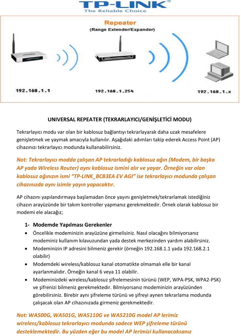 Not: Tekrarlayıcı modda çalışan AP tekrarladığı kablosuz ağın (Modem, bir başka AP yada Wireless Router) aynı kablosuz ismini alır ve yayar.