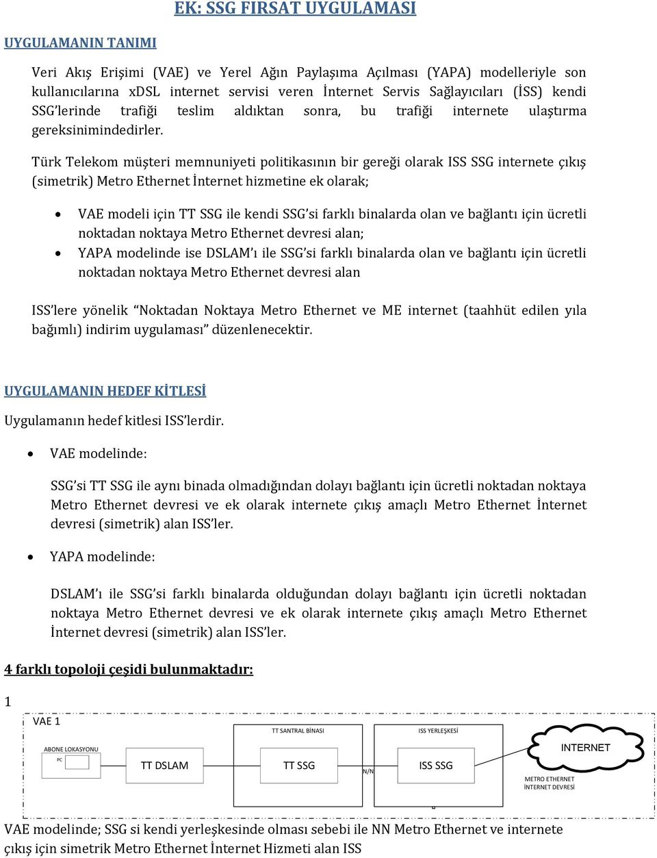 Türk Telekom müşteri memnuniyeti politikasının bir gereği olarak internete çıkış (simetrik) Metro Ethernet İnternet hizmetine ek olarak; VAE modeli için TT SSG ile kendi SSG si farklı binalarda olan