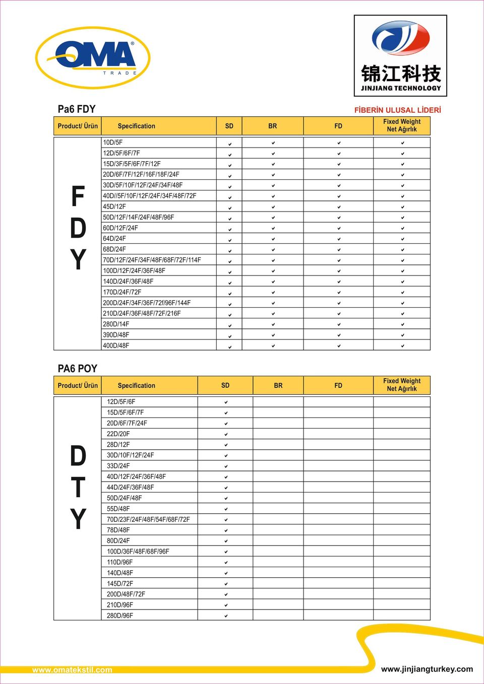 280D/14F FD Fixed Weight Net Ağırlık 70D/12F/24F/34F/48F/68F/72F/114F 390D/48F 0D/48F PA6 POY Product/ Ürün D T Y Specification 12D/5F/6F 15D/5F/6F/7F 20D/6F/7F/24F 22D/20F 28D/12F 30D/10F/12F/24F