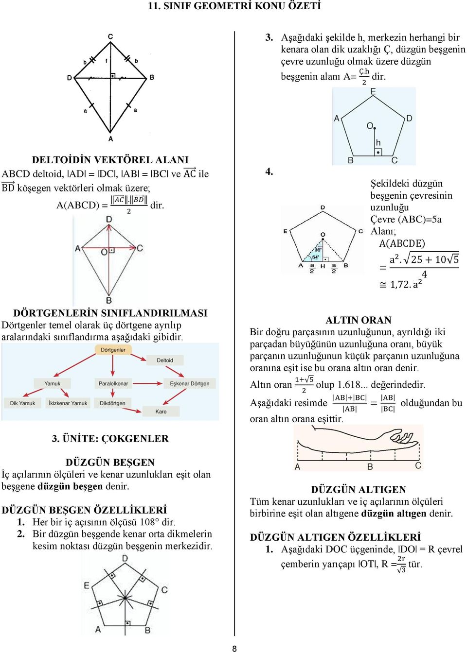 Şekildeki düzgün beşgenin çevresinin uzunluğu Çevre (ABC)=5a Alanı; ( ) DÖRTGENLERİN SINIFLANDIRILMASI Dörtgenler temel olarak üç dörtgene ayrılıp aralarındaki sınıflandırma aşağıdaki gibi ALTIN ORAN