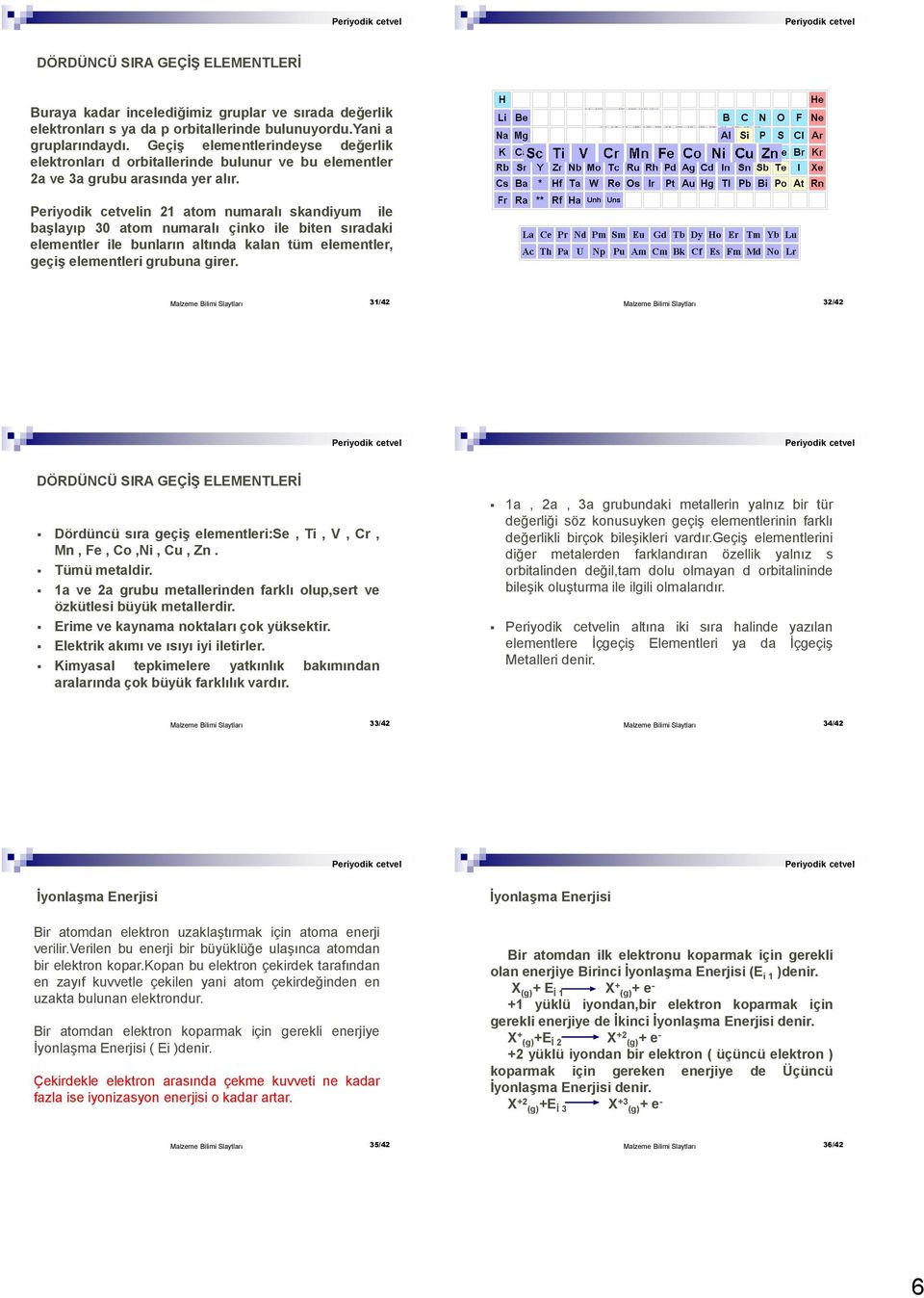 Periyodik cetvelin atom numaralı skandiyum ile başlayıp 30 atom numaralı çinko ile biten sıradaki elementler ile bunların altında kalan tüm elementler, geçiş elementleri grubuna girer.