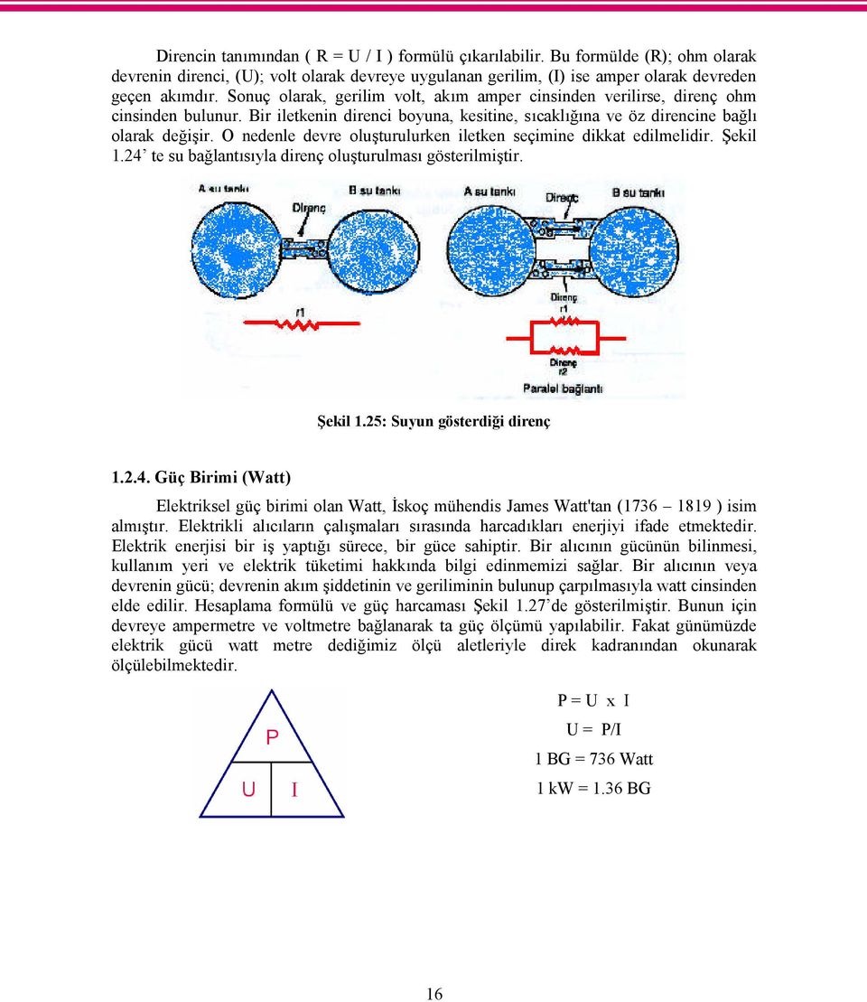 O nedenle devre oluşturulurken iletken seçimine dikkat edilmelidir. Şekil 1.24 te su bağlantısıyla direnç oluşturulması gösterilmiştir. Şekil 1.25: Suyun gösterdiği direnç 1.2.4. Güç Birimi (Watt) Elektriksel güç birimi olan Watt, İskoç mühendis James Watt'tan (1736 1819 ) isim almıştır.