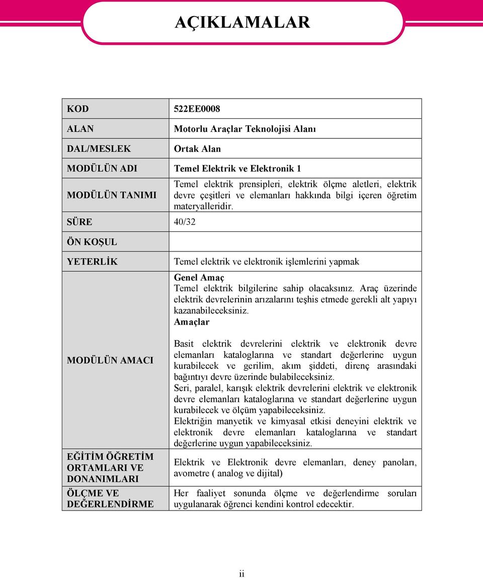 YETERLİK MODÜLÜN AMACI EĞİTİM ÖĞRETİM ORTAMLARI VE DONANIMLARI ÖLÇME VE DEĞERLENDİRME Temel elektrik ve elektronik işlemlerini yapmak Genel Amaç Temel elektrik bilgilerine sahip olacaksınız.