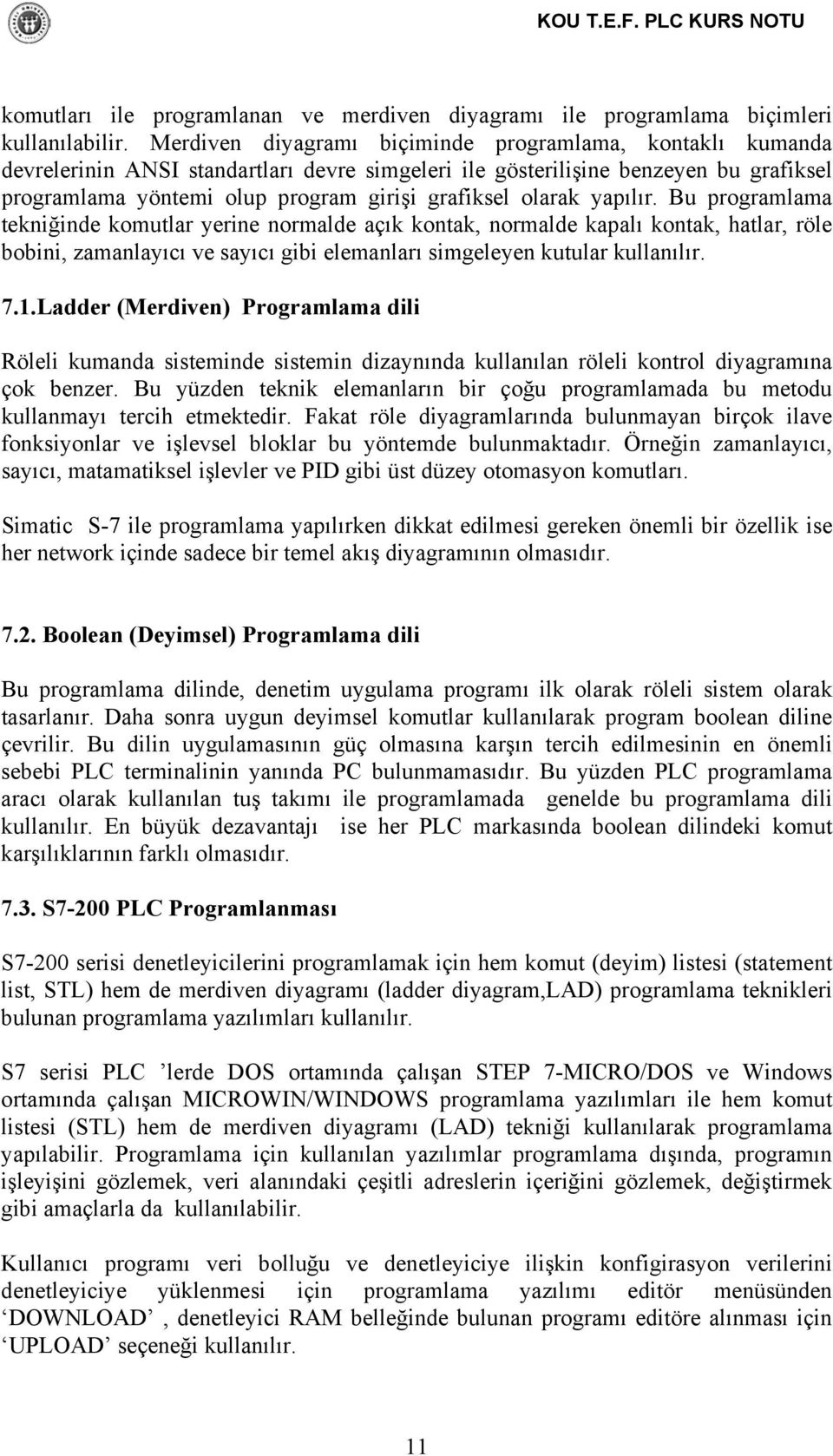 olarak yapılır. Bu programlama tekniğinde komutlar yerine normalde açık kontak, normalde kapalı kontak, hatlar, röle bobini, zamanlayıcı ve sayıcı gibi elemanları simgeleyen kutular kullanılır. 7.1.