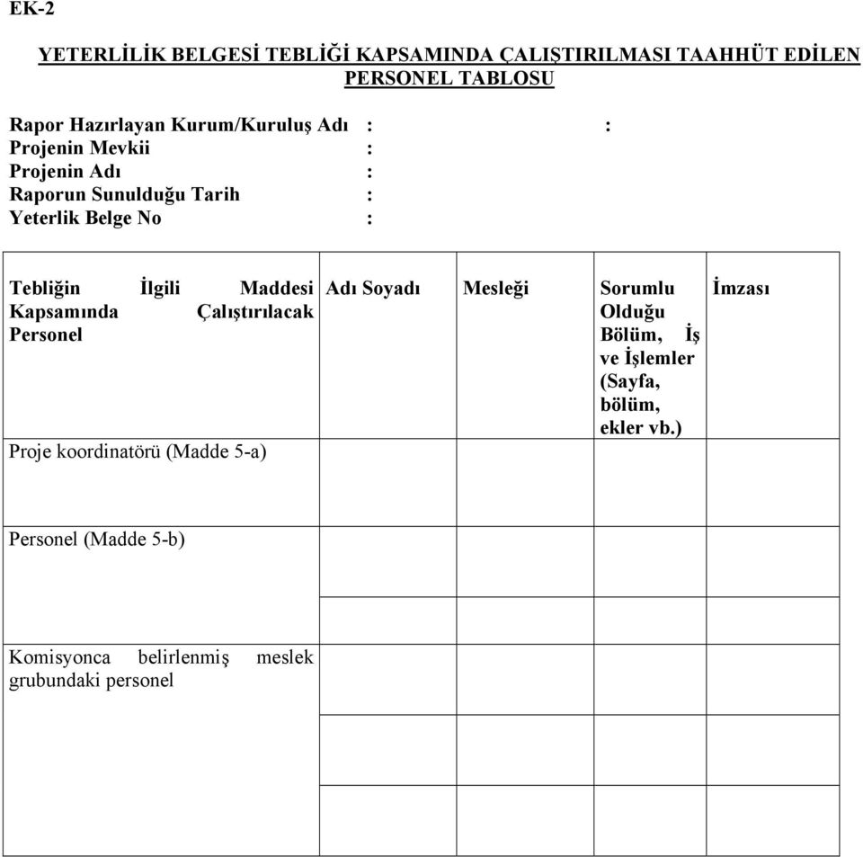İlgili Maddesi Kapsamında Çalıştırılacak Personel Proje koordinatörü (Madde 5-a) Mesleği Sorumlu Olduğu Bölüm,