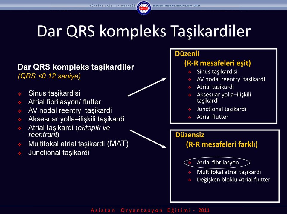 (ektopik ve reentrant) Multifokal atrial taşikardi (MAT) Junctional taşikardi Düzenli (R-R mesafeleri eşit) Sinus taşikardisi AV nodal