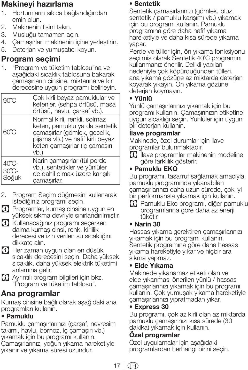 90 C 60 C 40 C- 30 C- Soğuk Çok kirli beyaz pamuklular ve ketenler. (sehpa örtüsü, masa örtüsü, havlu, çarşaf vb.).