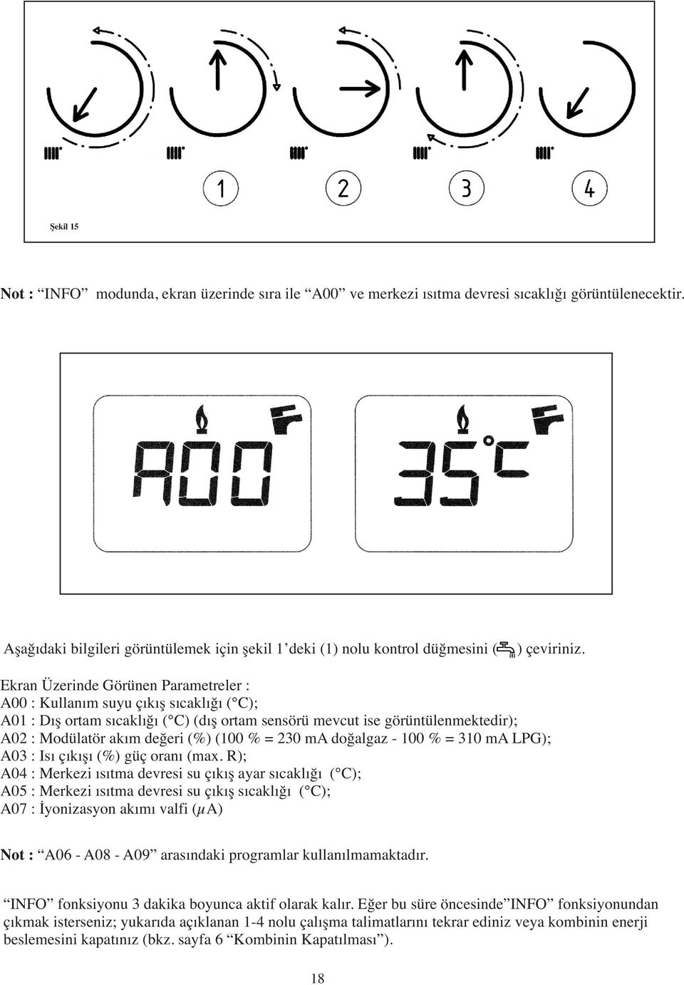 Ekran Üzerinde Görünen Parametreler : A00 : Kullanım suyu çıkış sıcaklığı ( C); A01 : Dış ortam sıcaklığı ( C) (dış ortam sensörü mevcut ise görüntülenmektedir); A02 : Modülatör akım değeri (%) (100