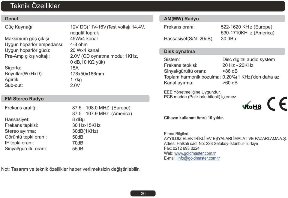 0V (CD oynatma modu: 1KHz, 0 db,10 KÙ yük) 15A 178x50x166mm 1.7kg 2.0V 87.5-108.0 MHZ (Europe) 87.5-107.