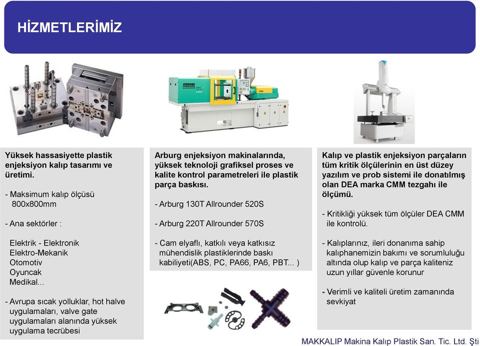 - Arburg 130T Allrounder 520S - Arburg 220T Allrounder 570S Kalıp ve plastik enjeksiyon parçaların tüm kritik ölçülerinin en üst düzey yazılım ve prob sistemi ile donatılmış olan DEA marka CMM