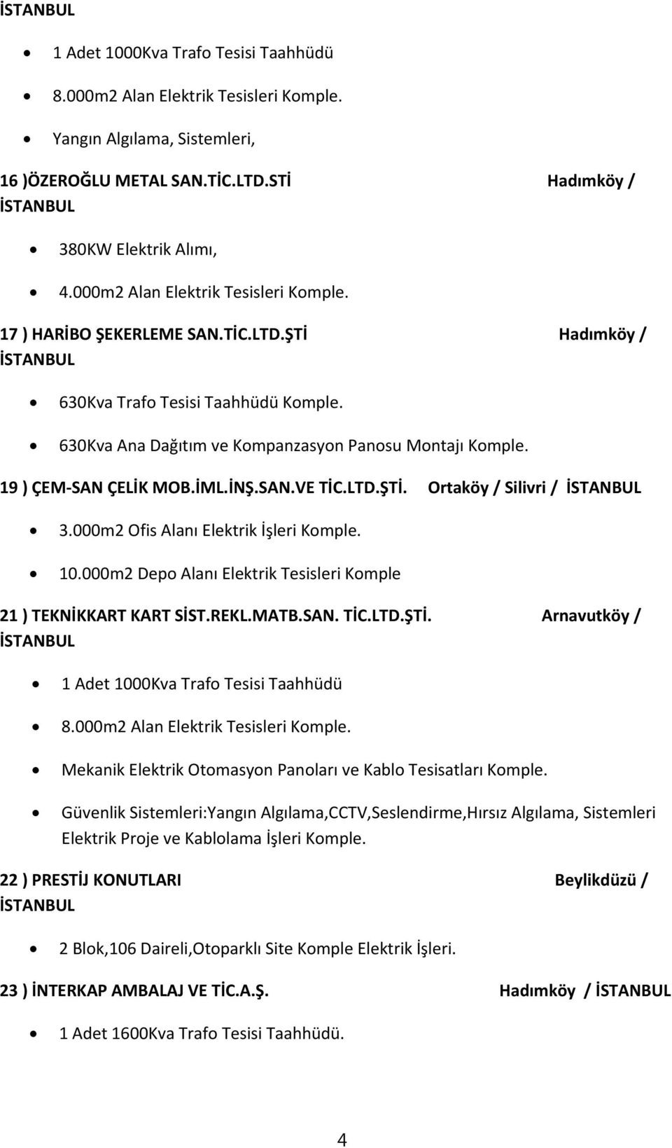 19 )ÇEM SAN ÇELİK MOB.İML.İNŞ.SAN.VE TİC.LTD.ŞTİ. Ortaköy / Silivri / 3.000m2 Ofis Alanı Elektrik İşleri Komple. 10.000m2 Depo Alanı Elektrik Tesisleri Komple 21 )TEKNİKKART KART SİST.REKL.MATB.SAN. TİC.LTD.ŞTİ. Arnavutköy / 1 Adet 1000Kva Trafo Tesisi Taahhüdü 8.