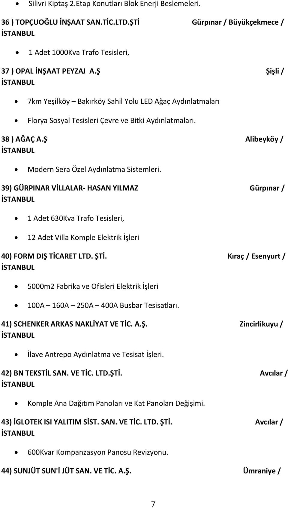 39) GÜRPINAR VİLLALAR HASAN YILMAZ Gürpınar / 1 Adet 630Kva Trafo Tesisleri, 12 Adet Villa Komple Elektrik İşleri 40) FORM DIŞ TİCARET LTD. ŞTİ.