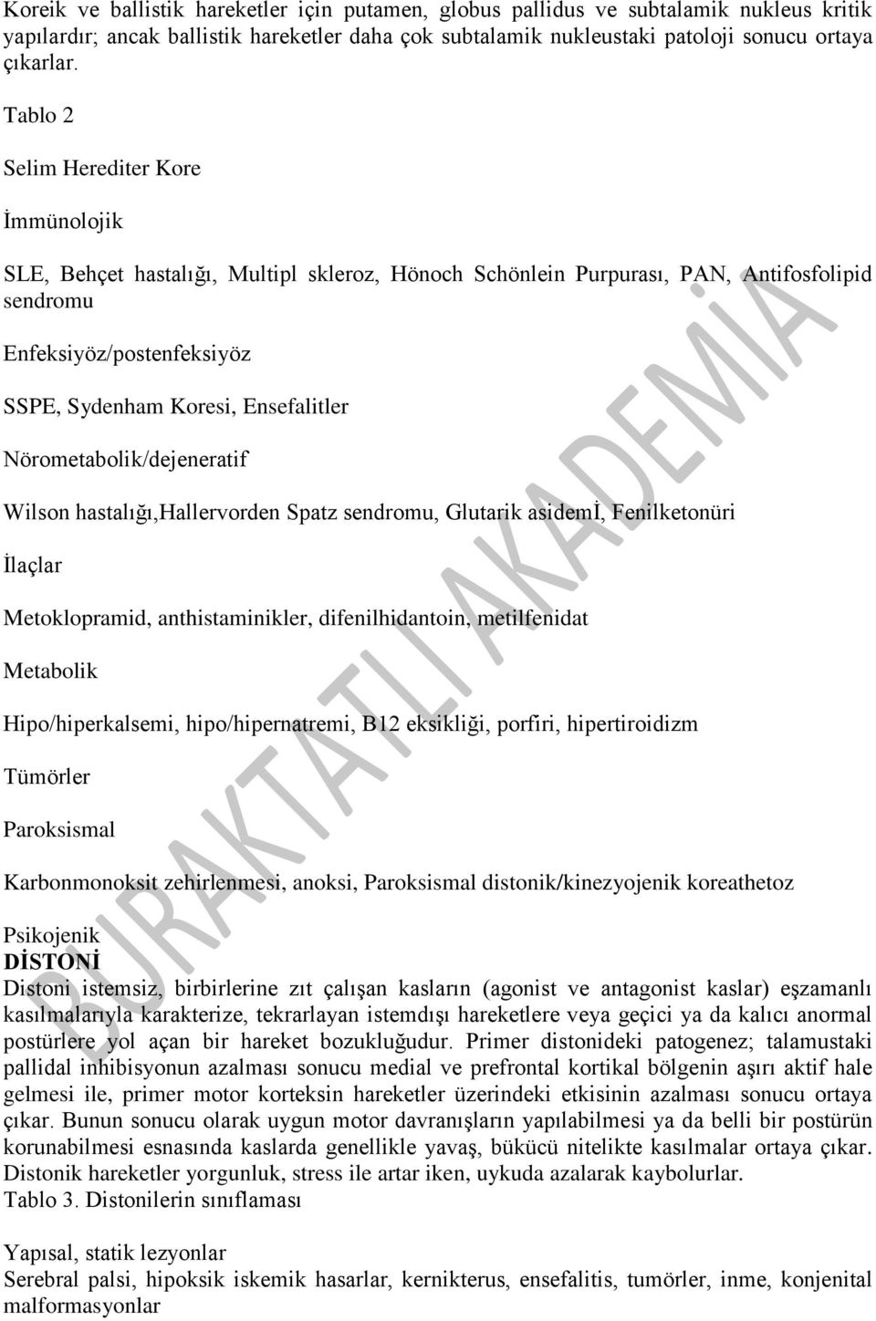 Nörometabolik/dejeneratif Wilson hastalığı,hallervorden Spatz sendromu, Glutarik asidemi, Fenilketonüri İlaçlar Metoklopramid, anthistaminikler, difenilhidantoin, metilfenidat Metabolik