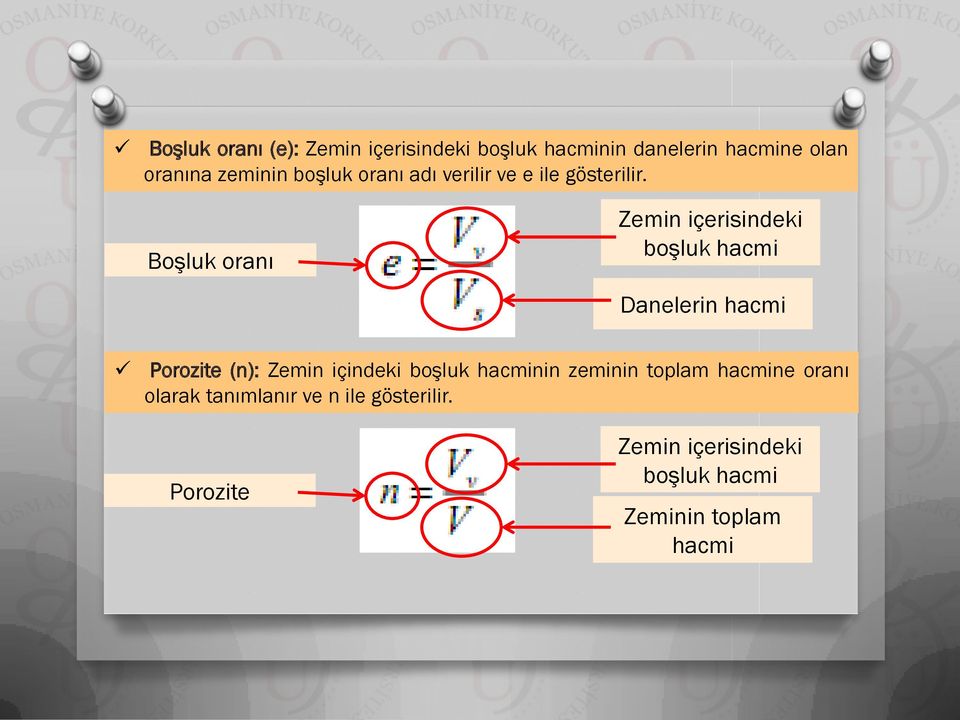 Boşluk oranı Zemin içerisindeki boşluk hacmi Danelerin hacmi Porozite (n): Zemin içindeki