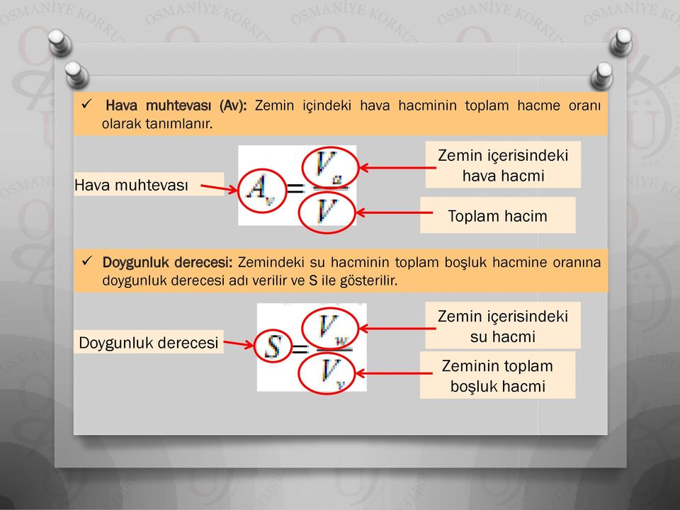 Hava muhtevası Zemin içerisindeki hava hacmi Toplam hacim Doygunluk derecesi: