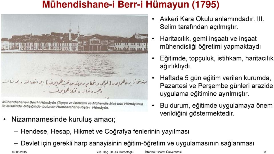 Haritacılık, gemi inşaatı ve inşaat mühendisliği öğretimi yapmaktaydı Eğitimde, topçuluk, istihkam, haritacılık ağırlıklıydı.