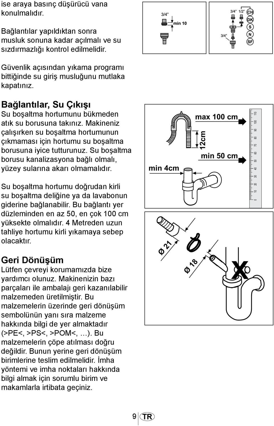 Makineniz çalışırken su boşaltma hortumunun çıkmaması için hortumu su boşaltma borusuna iyice tutturunuz. Su boşaltma borusu kanalizasyona bağlı olmalı, yüzey sularına akarı olmamalıdır.