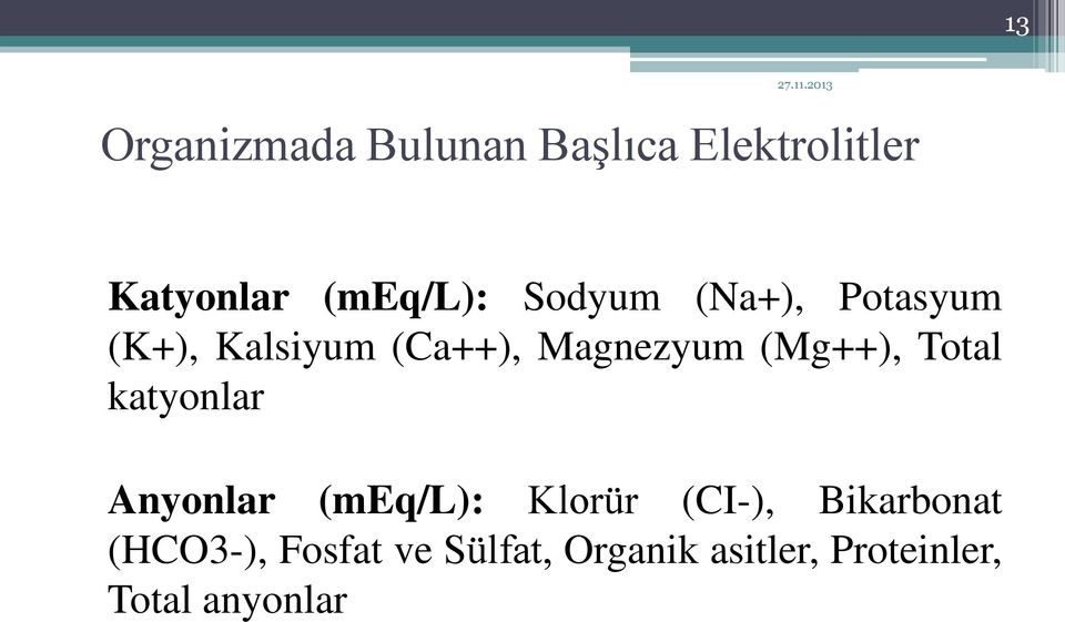 Total katyonlar Anyonlar (meq/l): Klorür (CI-), Bikarbonat