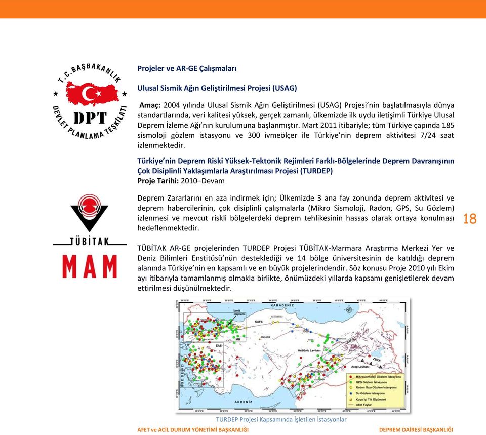 Mart 2011 itibariyle; tüm Türkiye çapında 185 sismoloji gözlem istasyonu ve 300 ivmeölçer ile Türkiye nin deprem aktivitesi 7/24 saat izlenmektedir.