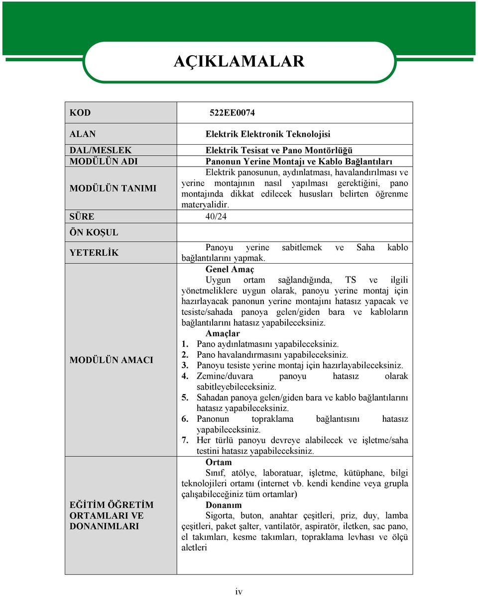 SÜRE 40/24 ÖN KOŞUL YETERLİK MODÜLÜN AMACI EĞİTİM ÖĞRETİM ORTAMLARI VE DONANIMLARI Panoyu yerine sabitlemek ve Saha kablo bağlantılarını yapmak.