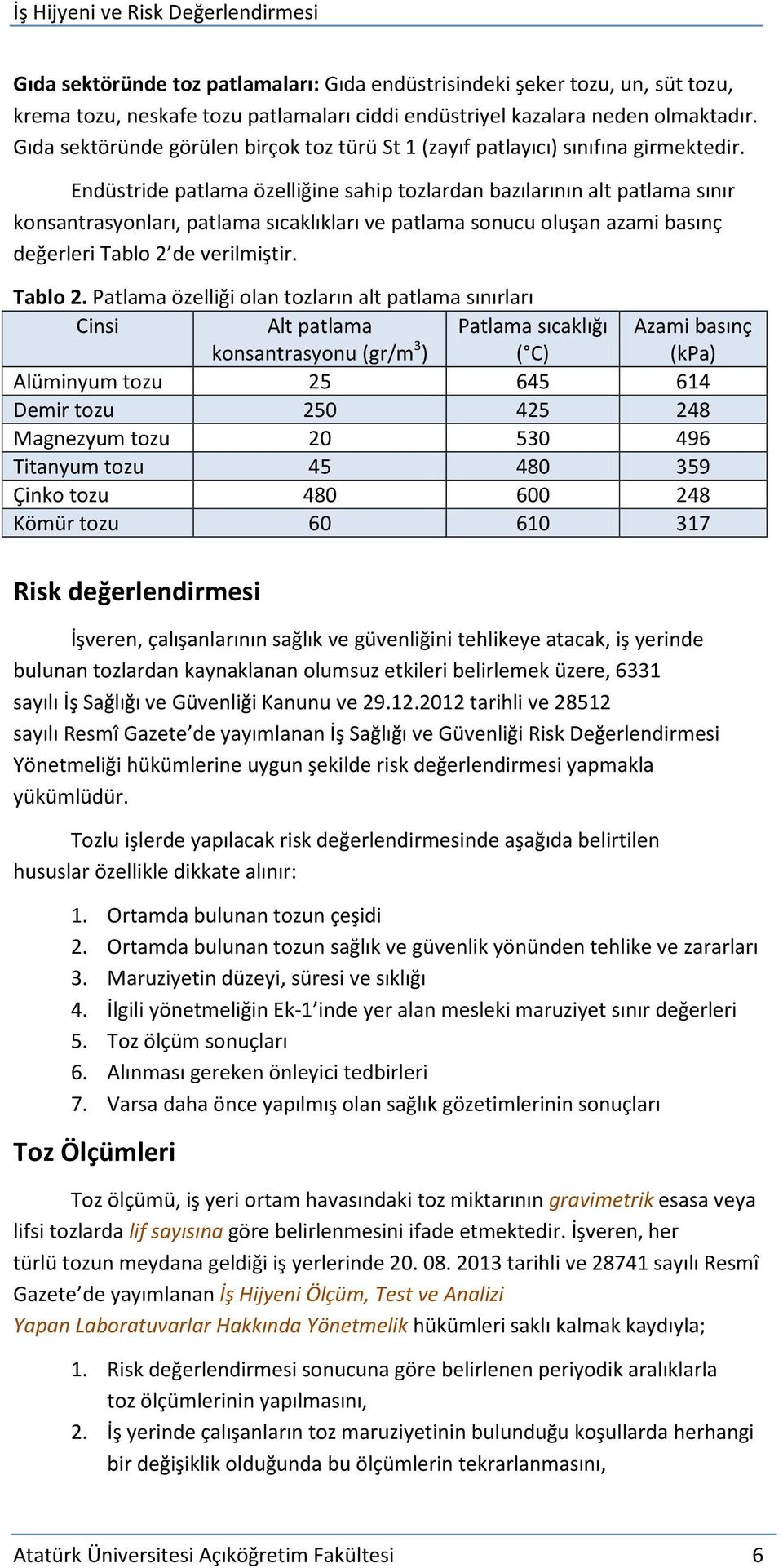 Endüstride patlama özelliğine sahip tozlardan bazılarının alt patlama sınır konsantrasyonları, patlama sıcaklıkları ve patlama sonucu oluşan azami basınç değerleri Tablo 2 