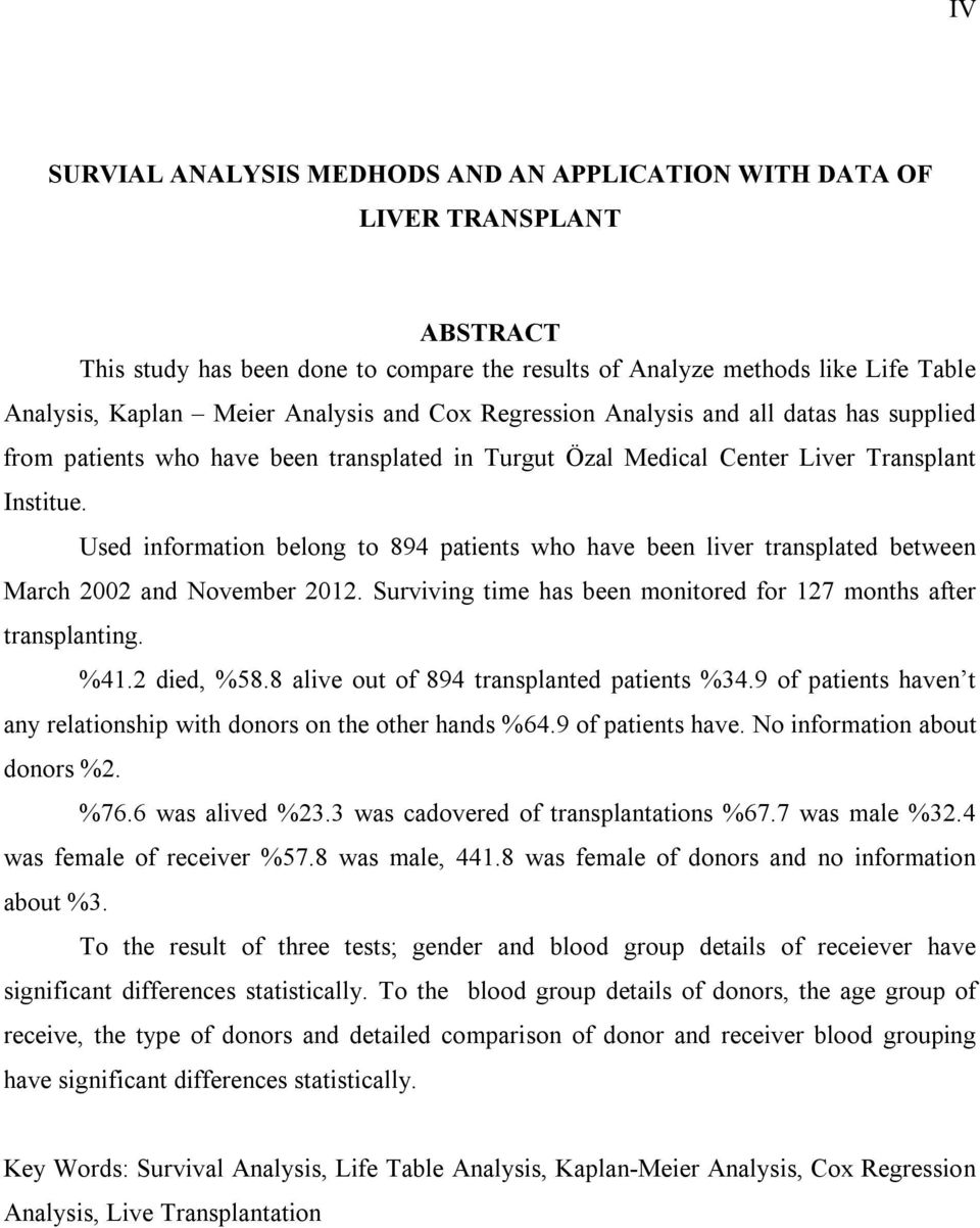 Used information belong to 894 patients who have been liver transplated between March 2002 and November 2012. Surviving time has been monitored for 127 months after transplanting. %41.2 died, %58.