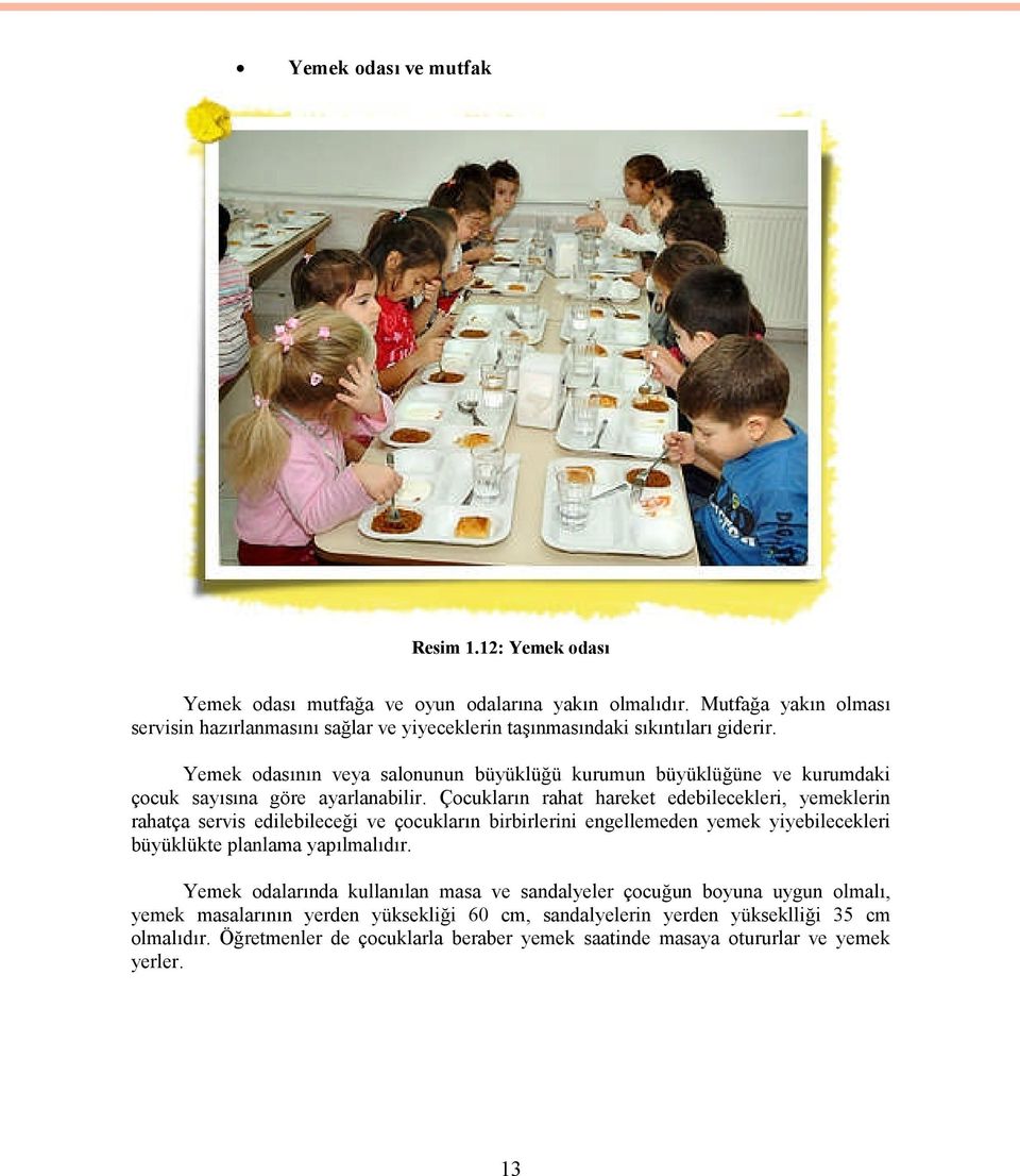 Yemek odasının veya salonunun büyüklüğü kurumun büyüklüğüne ve kurumdaki çocuk sayısına göre ayarlanabilir.