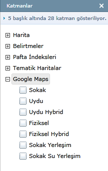 Google Maps katmanında sokak, uydu, uydu hybrid, fiziksel, fiziksel hybrid, sokak yerleşim ve sokak su yerleşim haritaları yer almaktadır. Şekil 20