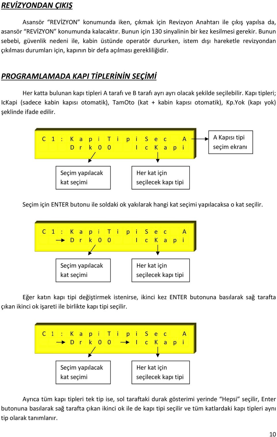 PROGRAMLAMADA KAPI TİPLERİNİN SEÇİMİ Her katta bulunan kapı tipleri A tarafı ve B tarafı ayrı ayrı olacak şekilde seçilebilir.