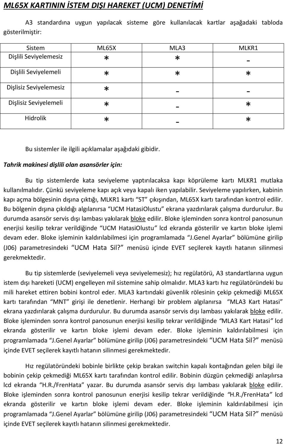 Tahrik makinesi dişlili olan asansörler için: Bu tip sistemlerde kata seviyeleme yaptırılacaksa kapı köprüleme kartı MLKR1 mutlaka kullanılmalıdır.