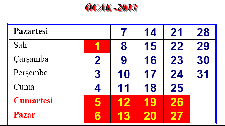 S.N 76 YILBAŞI TATİLİ 01 Ocak 2013 77 Okul ve Kurumların Ziyaret Edilmesi Ay içerisinde 78 Açık Öğretim Ortaokulu 2.