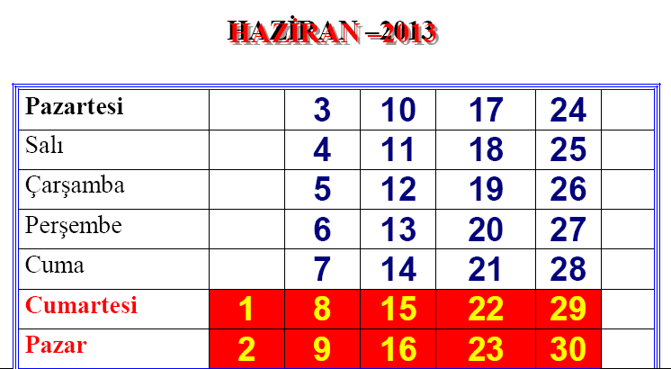 109 Okul ve Kurumların Ziyaret Edilmesi Ay içerisinde 110 EMEK VE DAYANIŞMA GÜNÜ 01/Mayıs/2013 111 Açık Öğretim Lisesi 2.Dönem Sonu Sınavları Bakanlıkça Belirlenecektir.