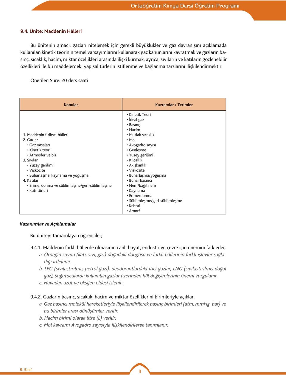 bağlanma tarzlarını ilişkilendirmektir. Önerilen Süre: 20 ders saati Konular 1. Maddenin fiziksel hâlleri 2. Gazlar Gaz yasaları Kinetik teori Atmosfer ve biz 3.