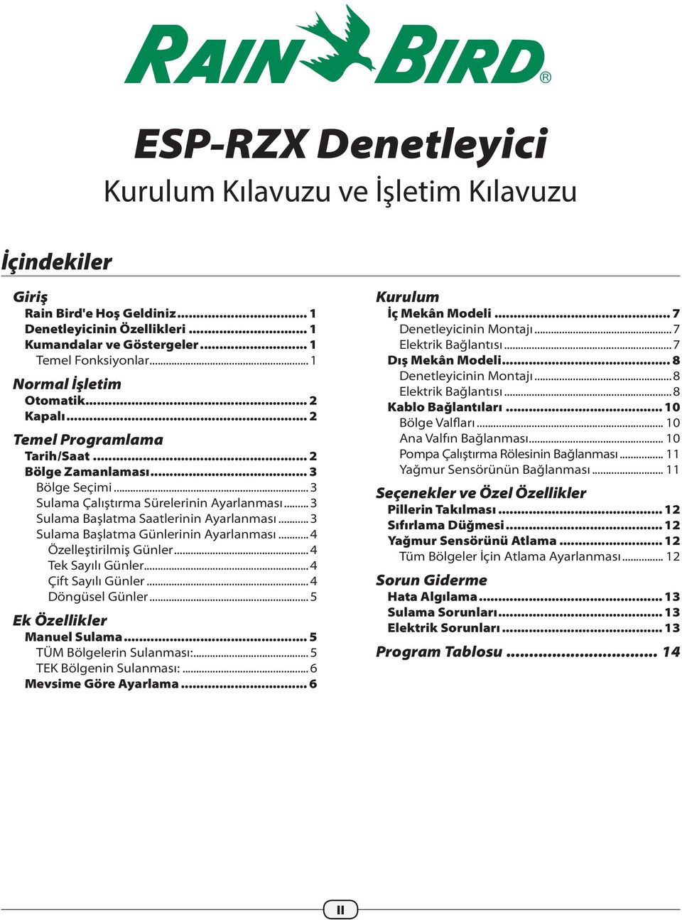 ..3 Sulama Başlatma Günlerinin Ayarlanması...4 Özelleştirilmiş Günler...4 Tek Sayılı Günler...4 Çift Sayılı Günler...4 Döngüsel Günler...5 Ek Özellikler Manuel Sulama... 5 TÜM Bölgelerin Sulanması:.