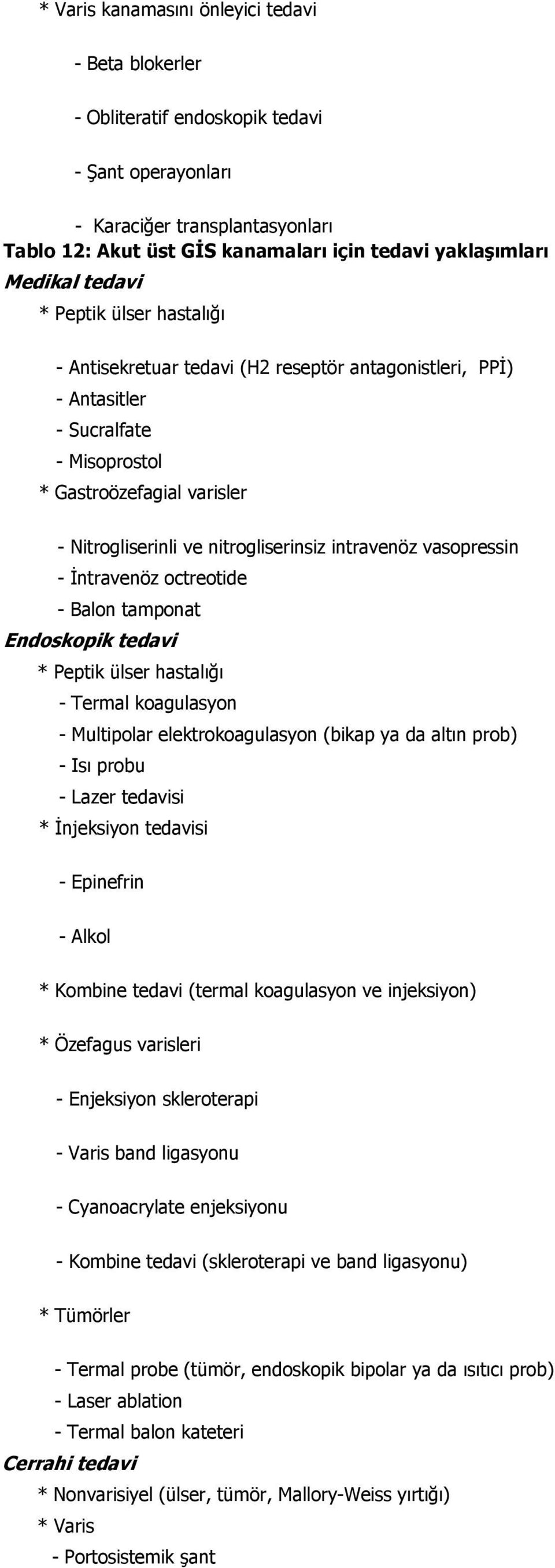 nitrogliserinsiz intravenöz vasopressin - İntravenöz octreotide - Balon tamponat Endoskopik tedavi * Peptik ülser hastalığı - Termal koagulasyon - Multipolar elektrokoagulasyon (bikap ya da altın