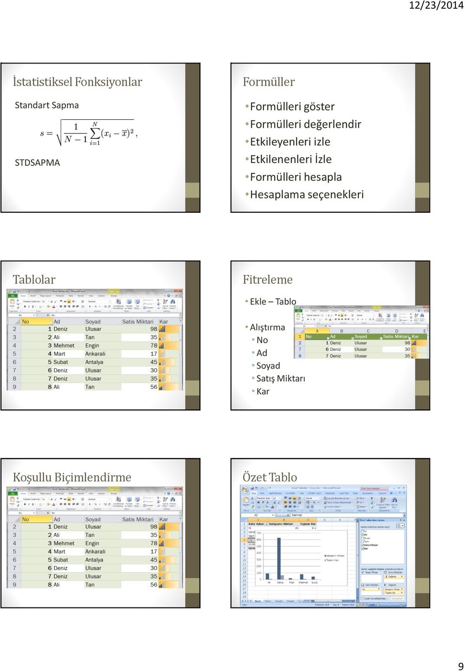 Etkilenenleri İzle Formülleri hesapla Hesaplama seçenekleri Tablolar