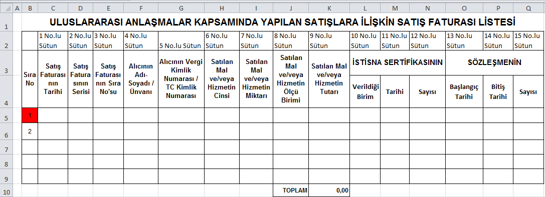 bulunduklarında, Uluslararası Anlaşmalar Kapsamında Yapılan Satışlara İlişkin Satış Fatura Listesini Excel dosyası aracılığıyla da gönderebilirler.