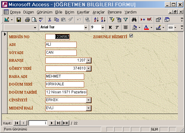 FORM OLUŞTURMAK Form, tabloya bilgi giriş yapmanın başka bir yoludur. Paket programlardaki kullanıcı ara yüzü gibi ekranlar oluşturulur.