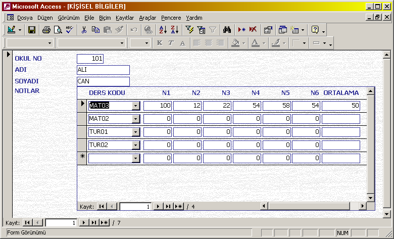 Alt Form İçeren Formun Kullanımı Ana form alanları Alt form Ana formun kayıt düğmeleri Alt formun kayıt düğmeleri Ana formda bir öğrencinin okul numarası, adı ve soyadı görünürken alt formda bu