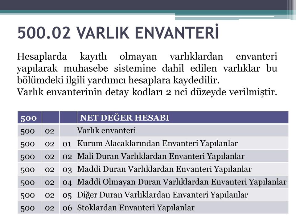 500 NET DEĞER HESABI 500 02 Varlık envanteri 500 02 01 Kurum Alacaklarından Envanteri Yapılanlar 500 02 02 Mali Duran Varlıklardan Envanteri Yapılanlar