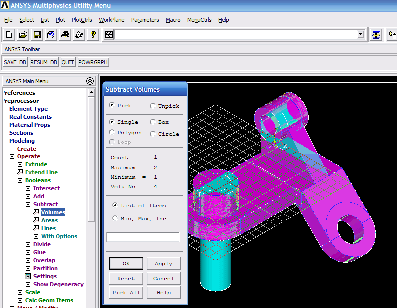 İsometric View 38. ANSYS Main Menu>Preprocessor>Modeling>Operate>Booleans>Subtract>Volumes 1.