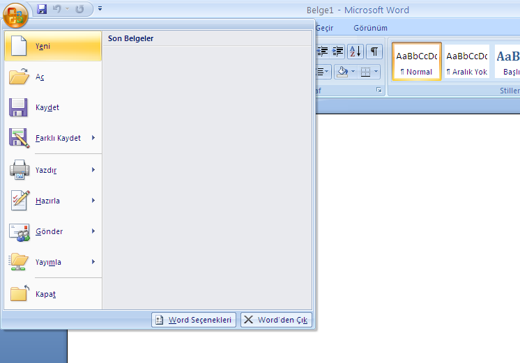 Yeni Dosya Oluşturma Microsoft Word dosyası