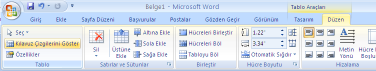 Tablo Biçimlendirme Tabloda kılavuz çizgilerini düzenlemek için; aynı şekilde tablo seçildikten sonra tablo araçları(table