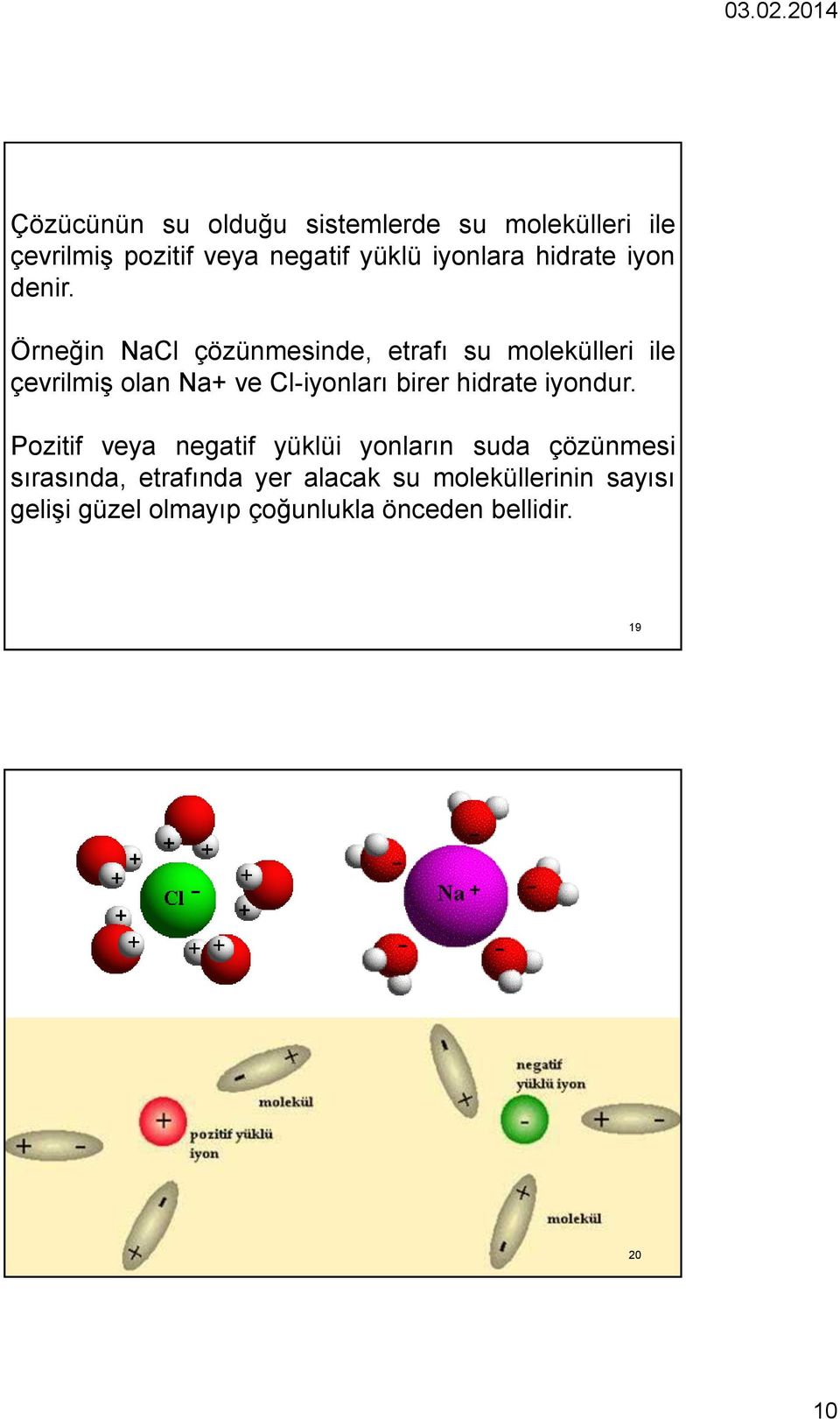 Örneğin NaCl çözünmesinde, etrafı su molekülleri ile çevrilmiş olan Na+ ve Cl-iyonları birer