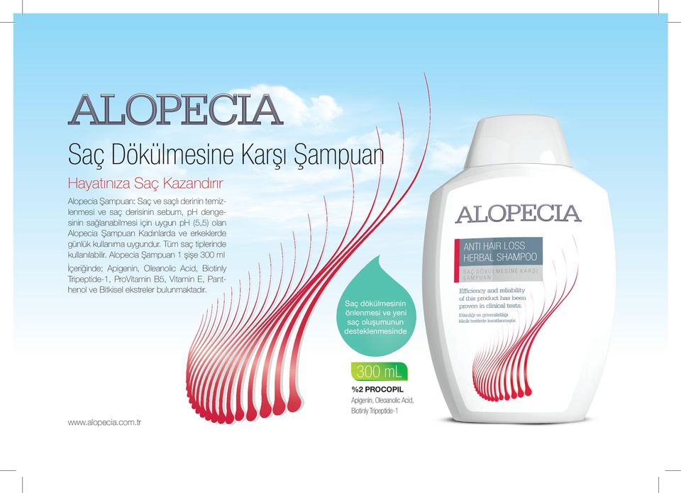 Alopecia Şampuan 1 şişe 300 ml İçeriğinde; Apigenin, Oleanolic Acid, Biotinly Tripeptide-1, ProVitamin B5, Vitamin E, Panthenol ve Bitkisel ekstreler