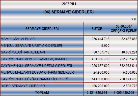 Sermaye giderlerinin gerçekleşmesi 2007 yılının ilk altı ayında bütçe ödeneklerinin %45 i oranında olmuştur.